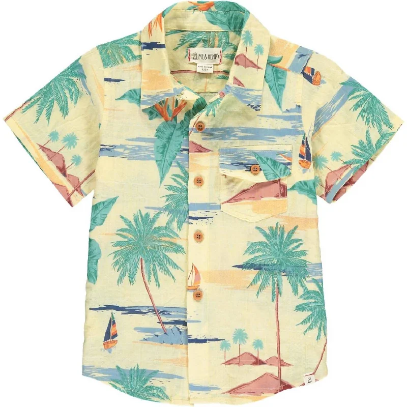 Boys Aloha Woven Button Down Shirt In Yellow Hawaii