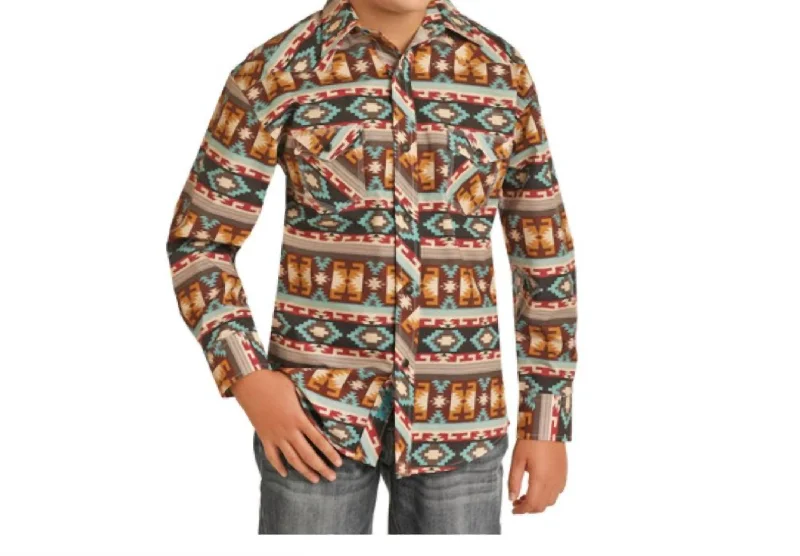 Boy's Dale Brisby Aztec Print Long Sleeve Snap Shirt In Brown Multi