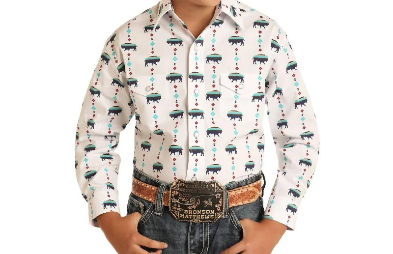 Boy's Long Sleeve Buffalo Print Western Snap Shirt In White