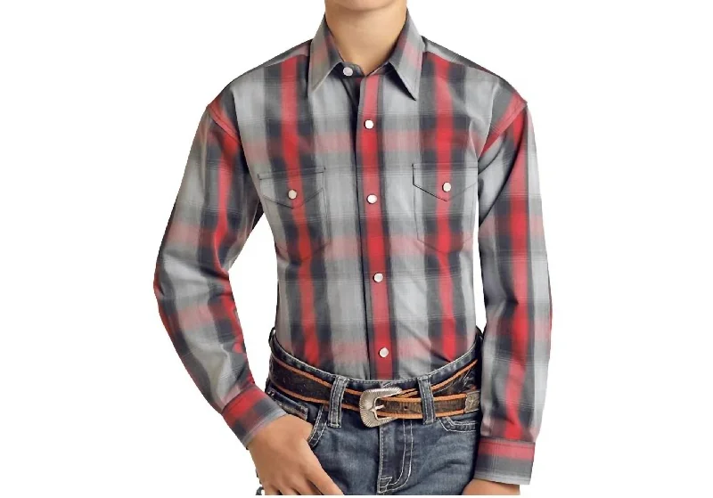 Boy's Long Sleeve Western Snap Shirt In Red & Blue Plaid