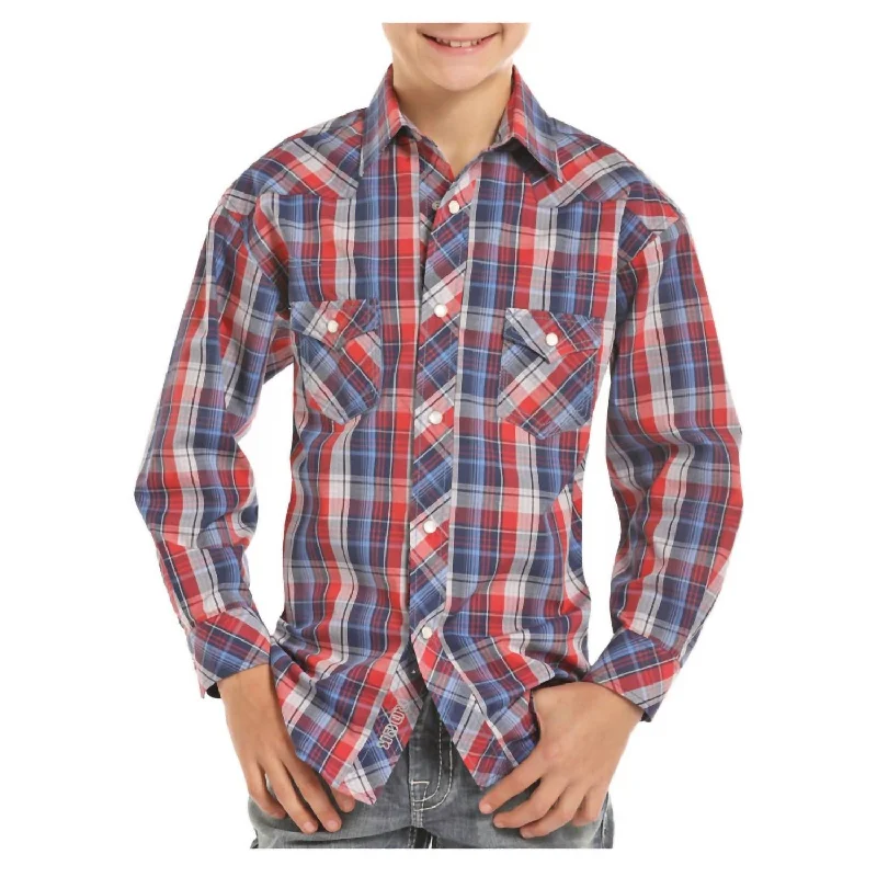 Boy's Plaid Western Shirt In Blue/red