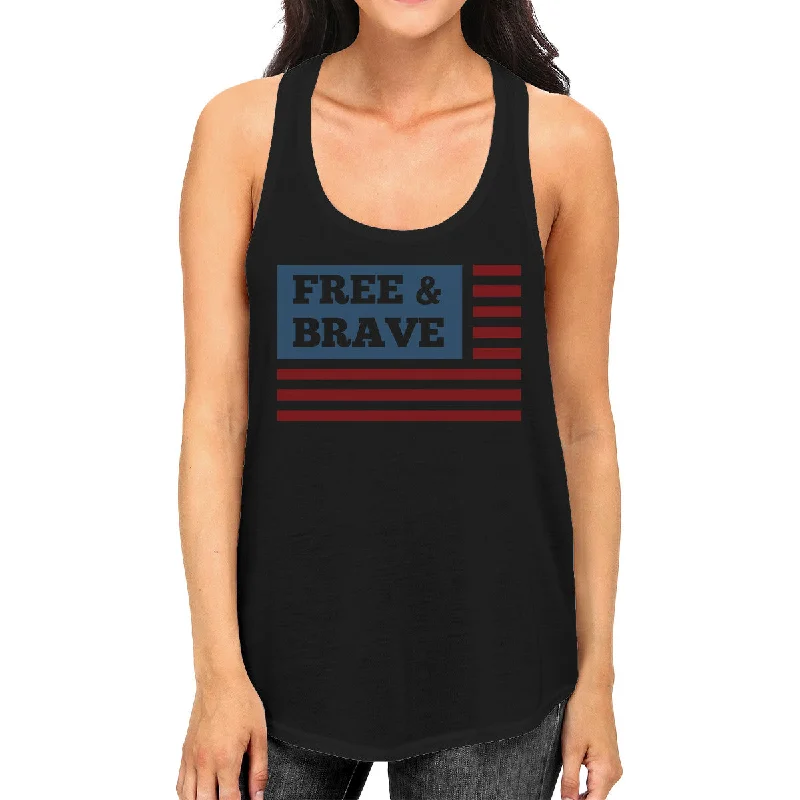 Free & Brave Us Flag Womens Black Funny Graphic Tanks Crewneck Line