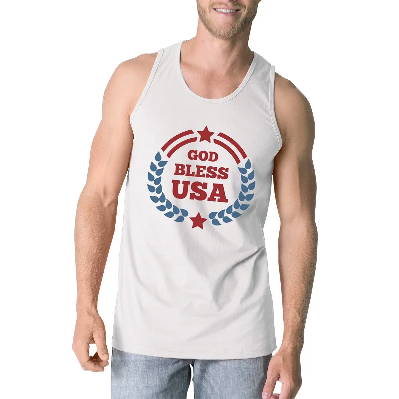 God Bless USA Mens White Cotton Tank Top Independence Day Gift Idea