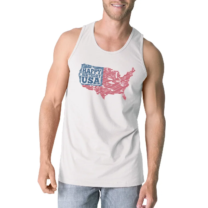 Happy Birthday USA Mens White Sleeveless Tshirt Funny 4 Of July Tee