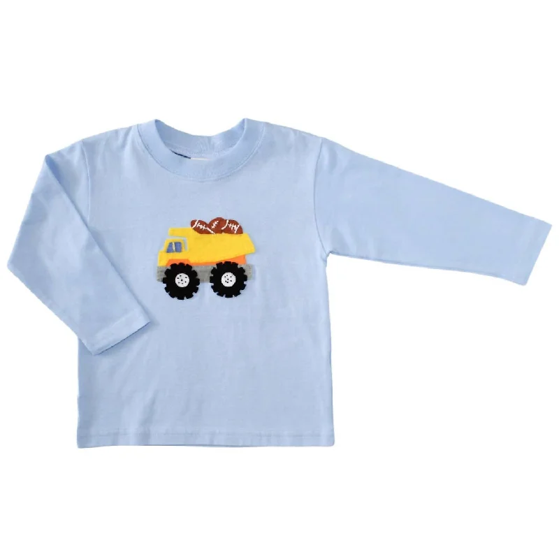 Kids Long Sleeve Tee With Football Dump Truck In Sky Blue