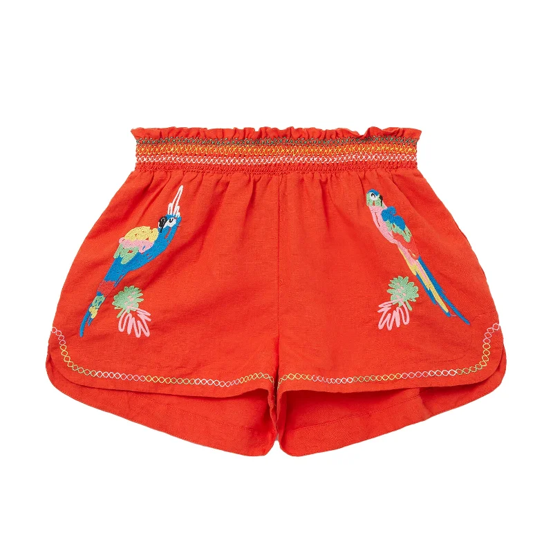 Red Parrot Embroidered Shorts