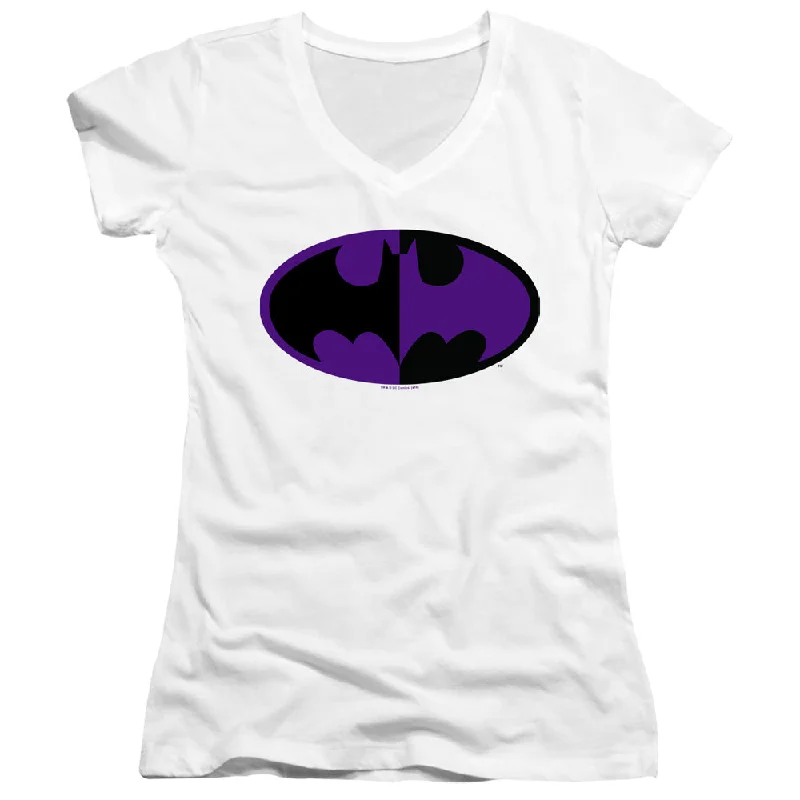 Batman Juniors V-Neck T-Shirt Split Logo White Tee