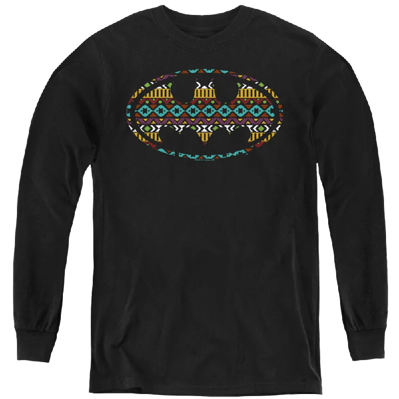 Batman Kids Long Sleeve Shirt Aztec Art Logo Black Tee