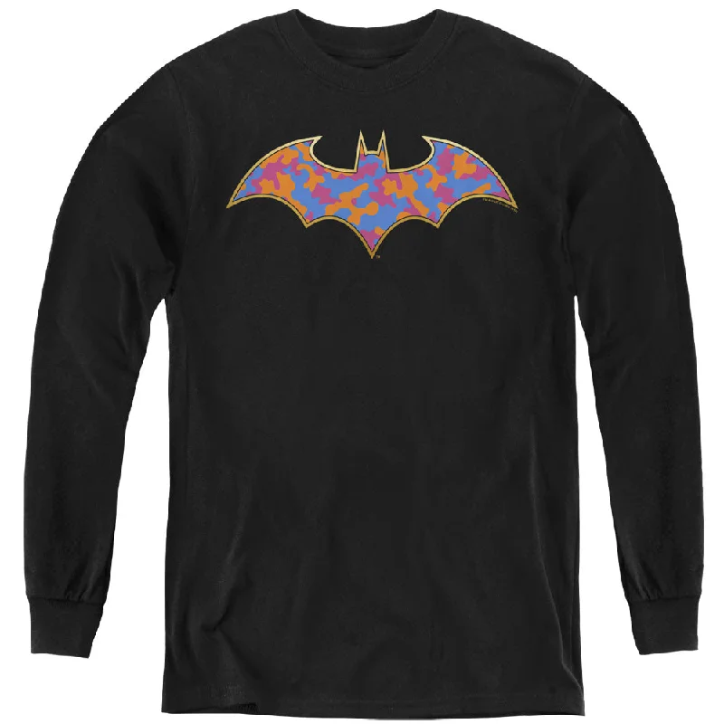 Batman Kids Long Sleeve Shirt Colored Camo Logo Black Tee