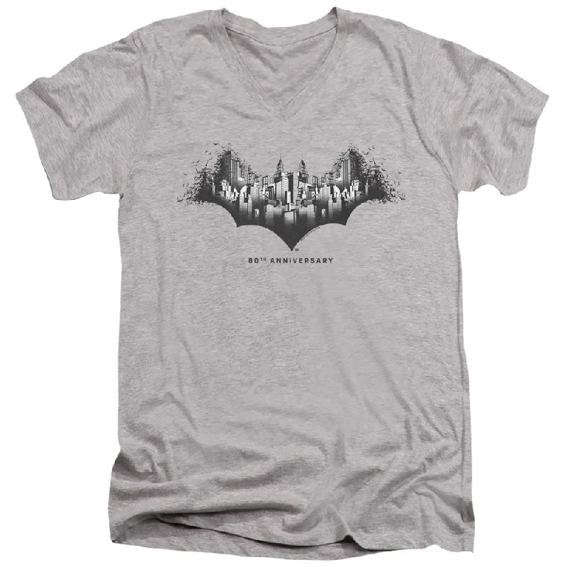 Batman Slim Fit V-Neck 80th Anniversary Gotham City Heather Tee