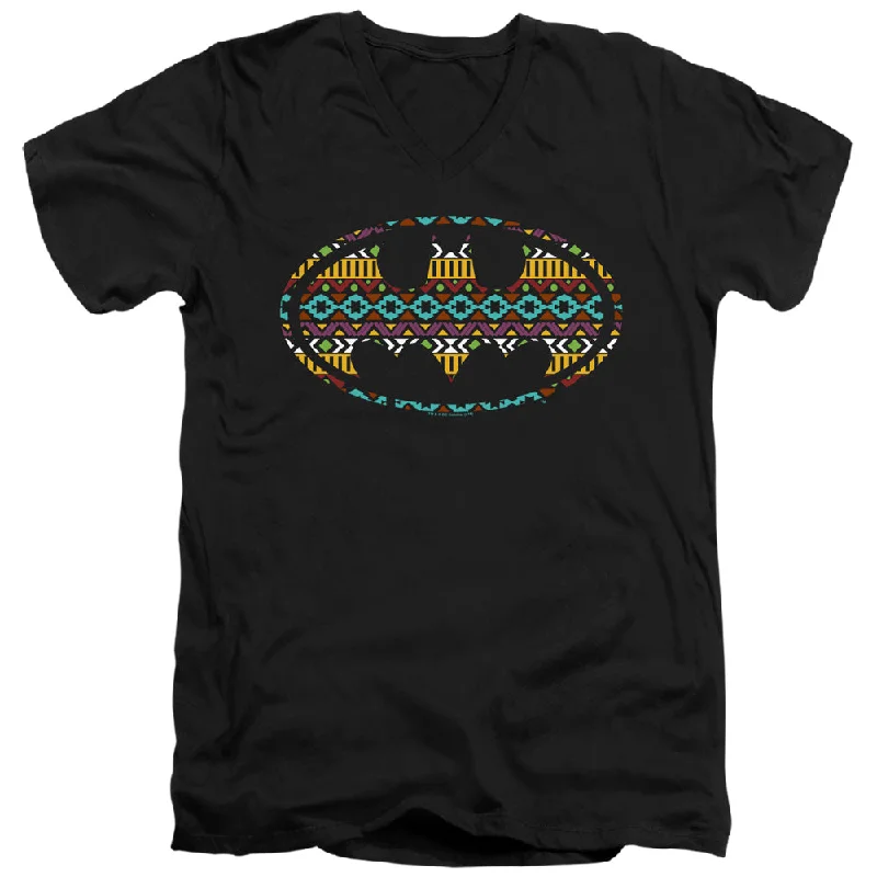 Batman Slim Fit V-Neck T-Shirt Aztec Art Logo Black Tee