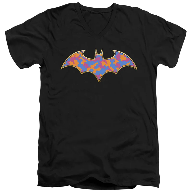 Batman Slim Fit V-Neck T-Shirt Colored Camo Logo Black Tee