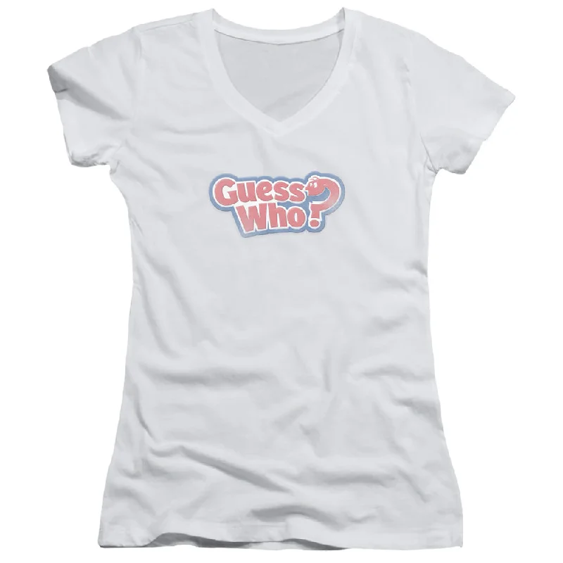 Guess Who Juniors V-Neck T-Shirt Distressed Logo White Tee