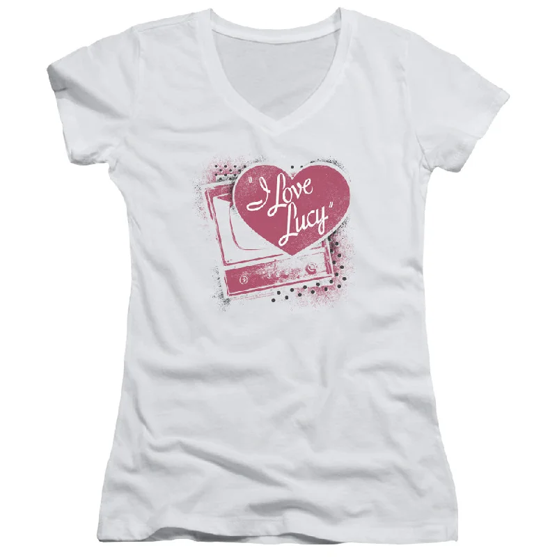 I Love Lucy Juniors V-Neck T-Shirt Vintage TV with Logo White Tee