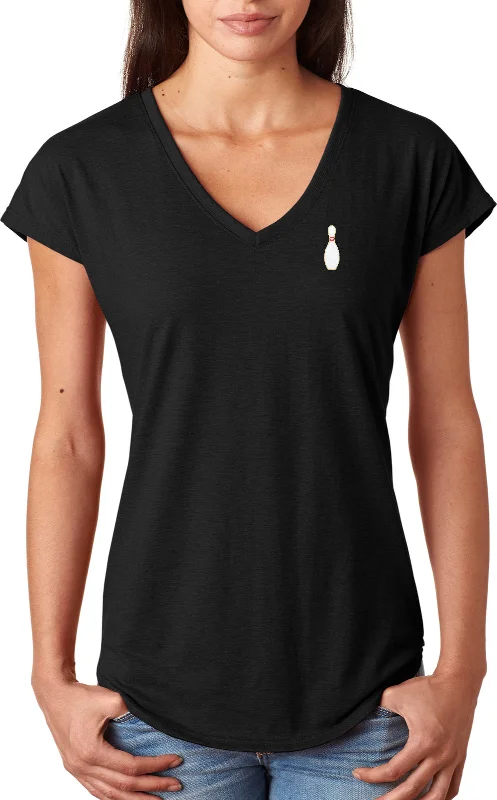 Ladies Bowling T-shirt Single Pin Pocket Print Triblend V-Neck