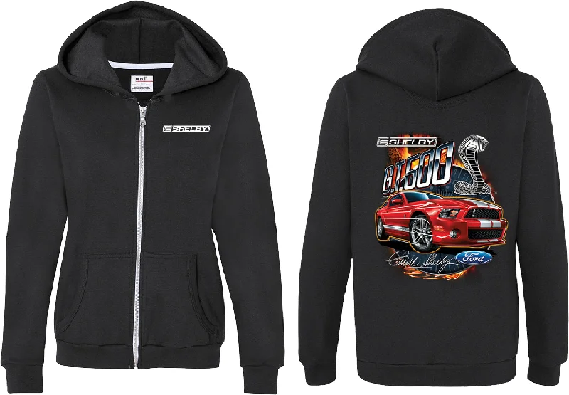 Ladies Ford Mustang Full Zip Hoodie Red Shelby GT500 Front and Back