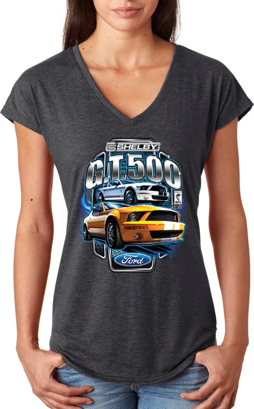 Ladies Ford Mustang Tee Shelby Yellow and White GT500 Triblend V-Neck