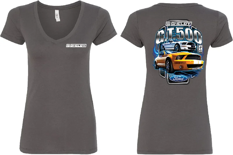 Ladies Ford Mustang V-Neck Shelby Yellow and White Front and Back