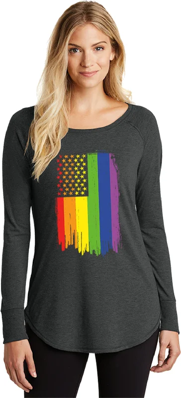 Ladies LGBT T-shirt Gay Pride Flag Tri Blend Long Sleeve