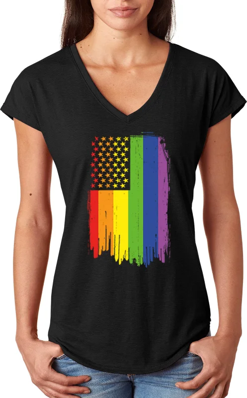 Ladies LGBT Triblend V-Neck Shirt Gay Pride Flag